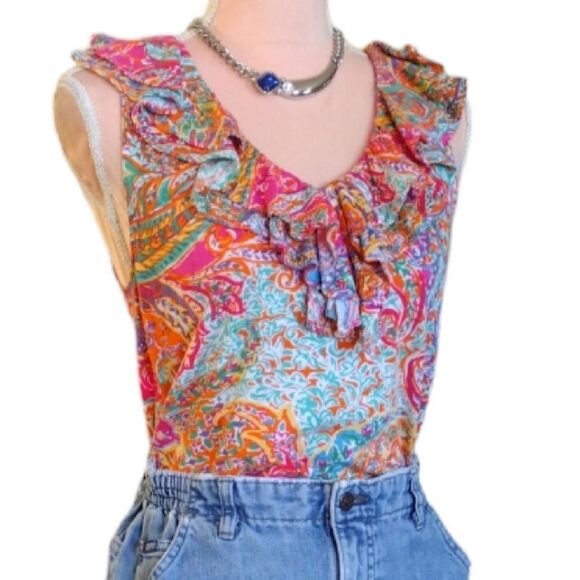 Ralph Lauren VTG Colorful Paisley Ruffle Neck Sleeveless Blouse Size MP - Picture 1 of 16
